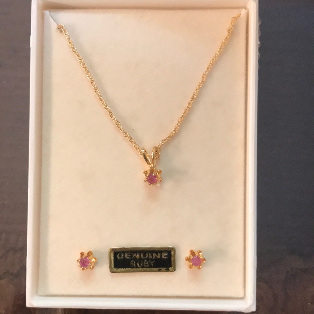 Pink Ruby Earrings & Necklace Gold Filled